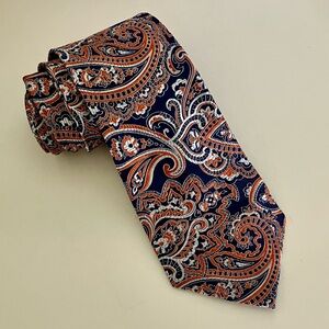 IZOD Necktie 100% Silk 58" x 3.75" Blue Orange & Silver Paisley Tie